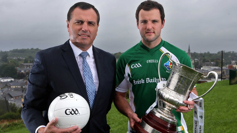 Ireland manager Paul Earley alongside his captain Michael Murphy at the International Rules series launch in Cavan