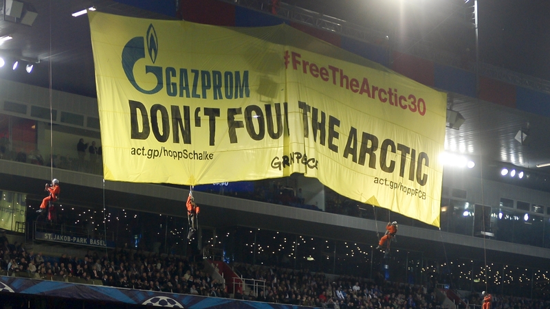 Greenpeace protested over the detention of the 30 members during a recent Champions League game between FC Basel and Schalke 04