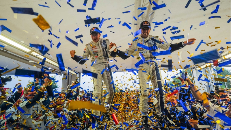 Sebastien Ogier and co-driver Julien Ingrassia celebrate in Strasbourg