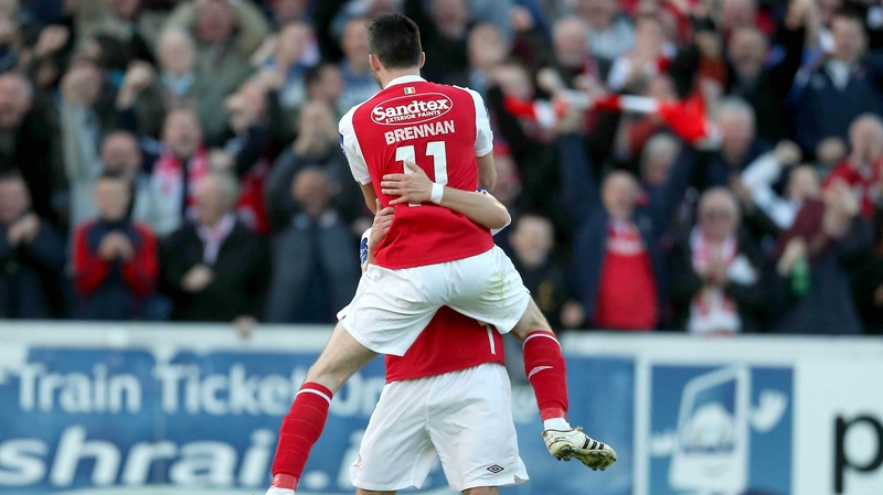 Killian Brennan celebrates with goalscorer Greg Bolger as Saints beat Sligo in Inchicore