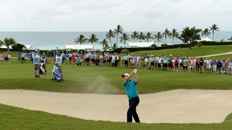 Justin Rose plays out of the bunker on the ninth hole at Port Royal Golf Course in Southampton