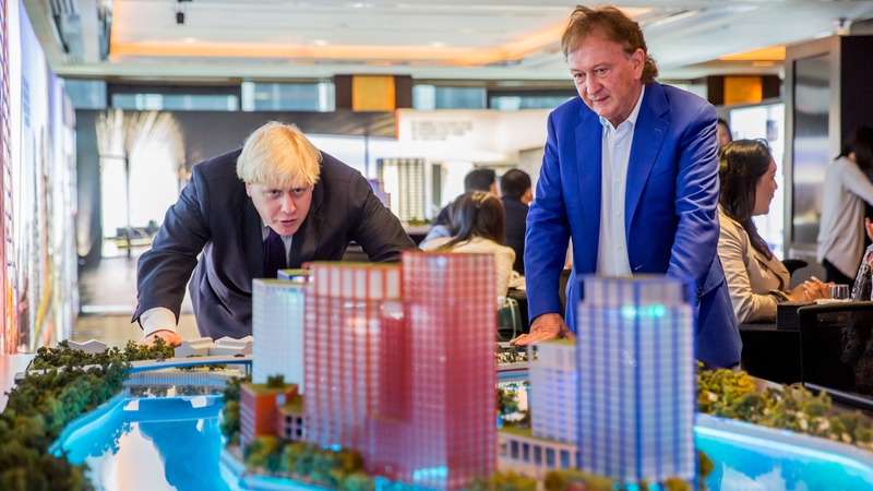 London mayor Boris Johnson and Ballymore chairman Sean Mulryan with a model of the London City Island project at a launch exhibition in Hong Kong