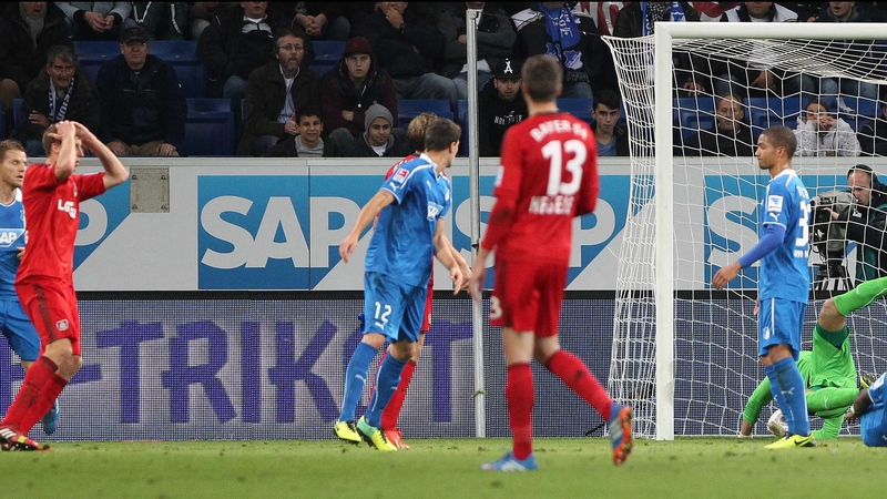 Bayer Leverkusen's Stefan Kiessling holds his head in his hands, still unaware that his off-target header has breached the Hoffenheim side-netting