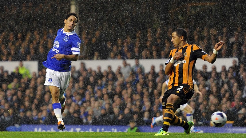 Steven Pienaar slots home Everton's second goal at Goodison Park