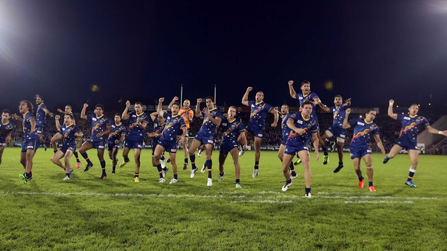 The Australia team perform a War Cry in front of the Ireland team before the start of the game