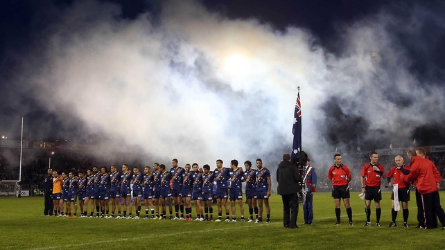 The Aussies stand for a their national anthem, Advance Australia Fair