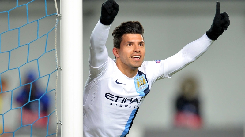 Sergio Aguero celebrates after scoring for City in Moscow