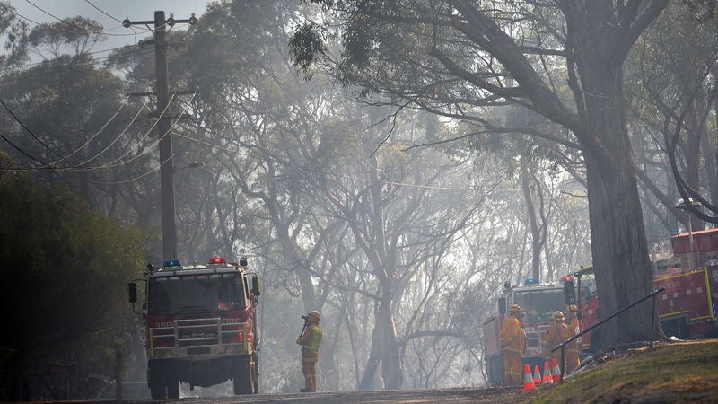 Firefighters are pictured along a neighbourhood street following a bush fire near Faulconbridge in the Blue Mountains