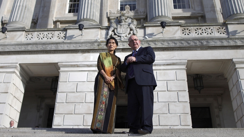 Aung San Suu Kyi was greeted at Stormont by Speaker of the Assembly William Hay