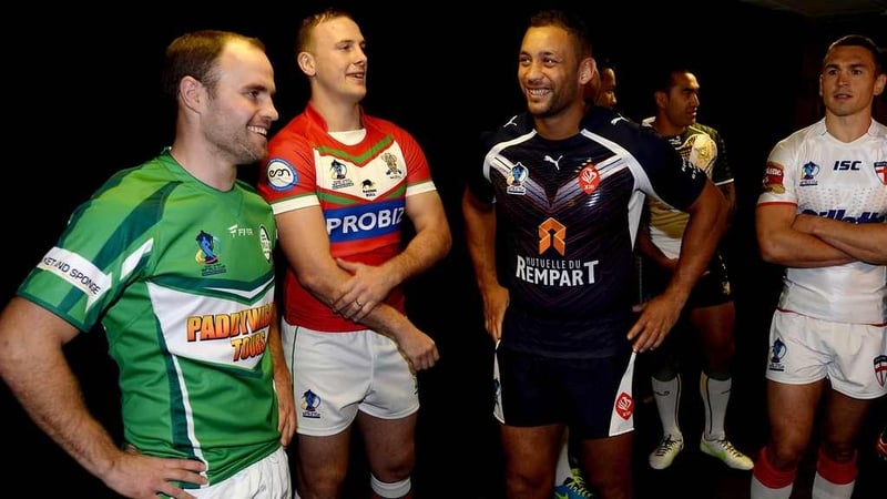 Liam Finn of Ireland, Craig Kopczak of Wales, Olivier Elima of France and Kevin Sinfield of England during the Rugby League World Cup launch