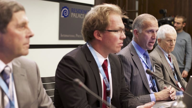 John Goss, Sam Giezendanner, Evert van Zwol and Ted Murphy attend a press conference of the Ryanair Pilot Group
