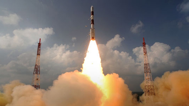 The Indian Space Research Organisation showing Mars Orbiter Mission Spacecraft blasting off from the Polar Satellite Launch Vehicle