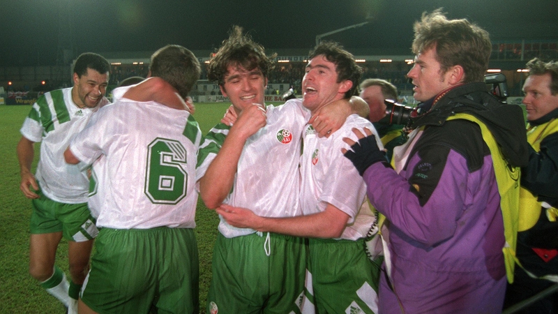 Irish players celebrate after securing World Cup qualification against Northern Ireland in 1993