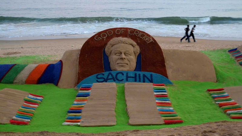 A sand sculpture of 'God of Cricket' Sachin Tendulkar at Puri, India