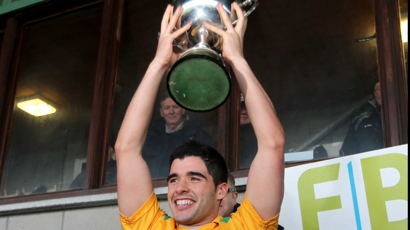 Leitrim's Emlyn Mulligan with the 2013 FBD LEague trophy