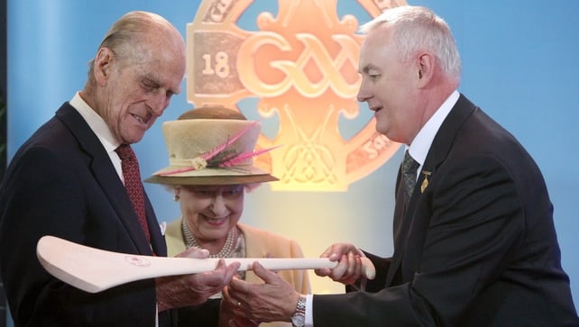 Prince Philip examines a hurley during the visit to Croke Park