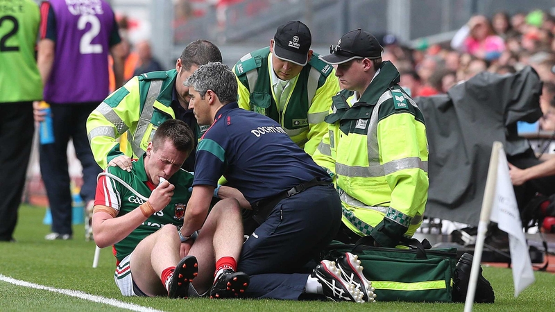 Mayo's Cillian O'Connor receiving treatment for a recurrence of a shoulder in this year's All-Ireland semi-final against Tyrone
