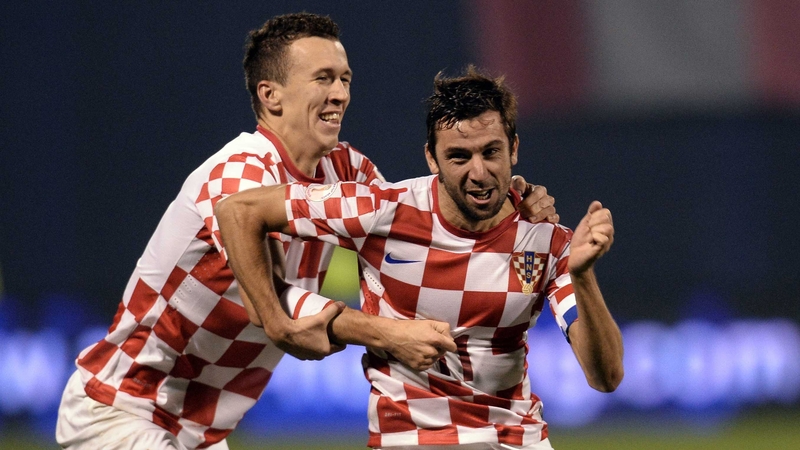 Darijo Srna celebrates scoring Croatia's second goal against Iceland