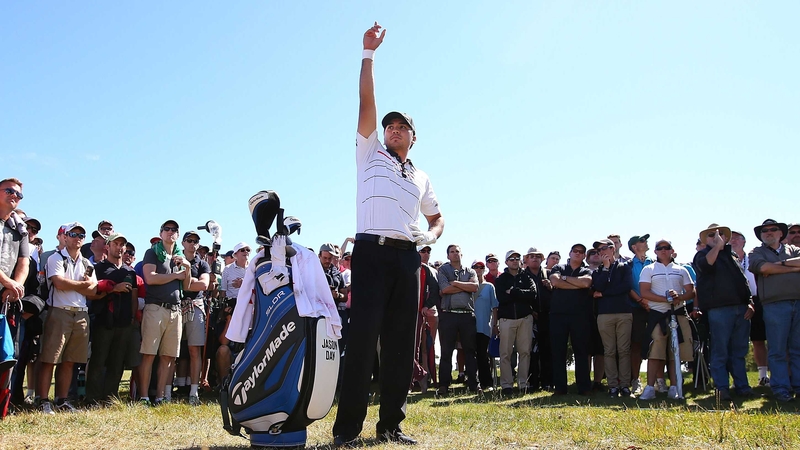 Jason Day gestures on the 15th fairway during the third round at Royal Melbourne