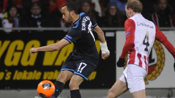 Tromso's Ruben Kristiansen (R) in duel with Tottenham's Andros Townsend