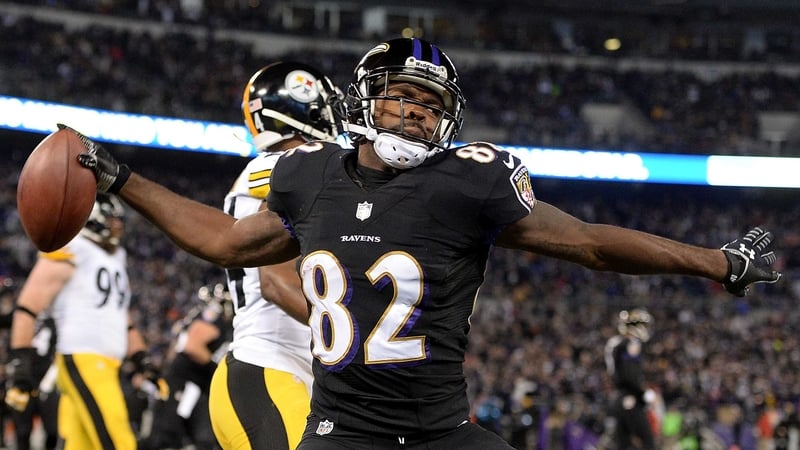 Torrey Smith celebrates his first quarter touchdown for Baltimore Ravens