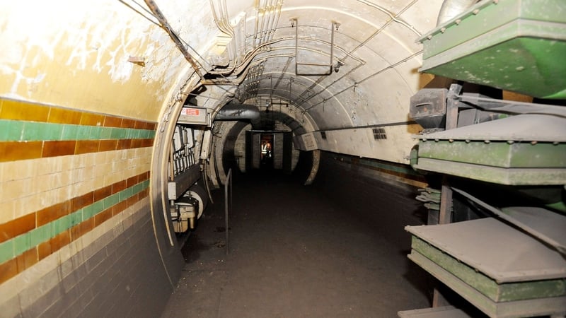 The view inside the former Brompton Road tube station, a disused station on the Piccadilly line