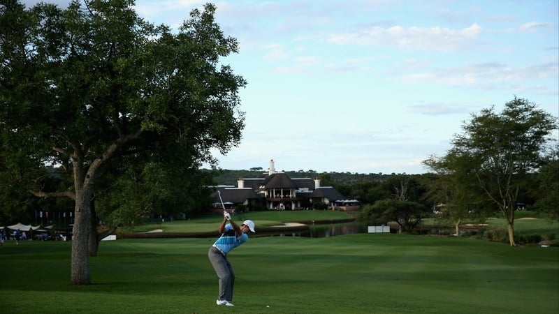 Charl Schwartzel plays his second shot at the 18th