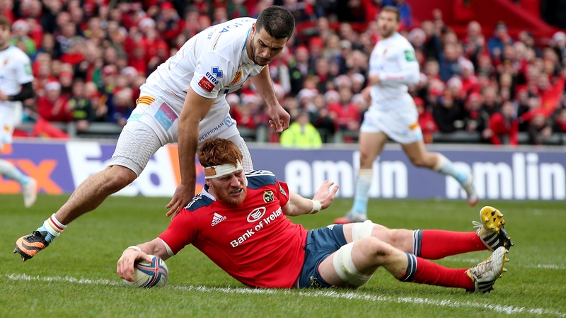Munster's Sean Dougall scores the opening try at Thomond Park