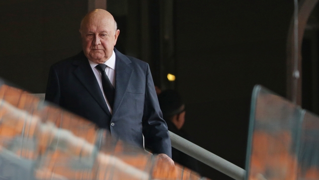 Former South African President FW de Klerk arrives for the official memorial service