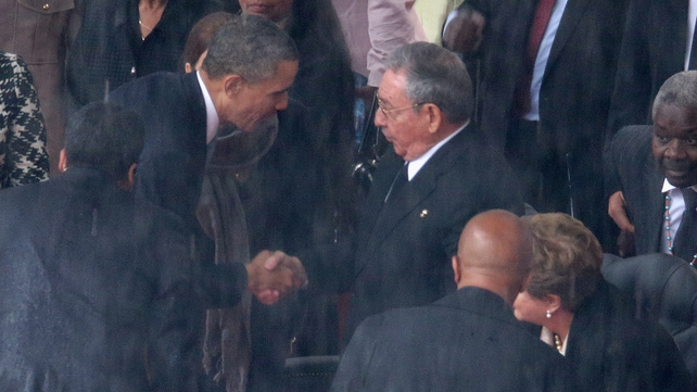 In an unprecidented move during the ceremony, President Barack Obama shook the hand of Cuban president, Raul Castro