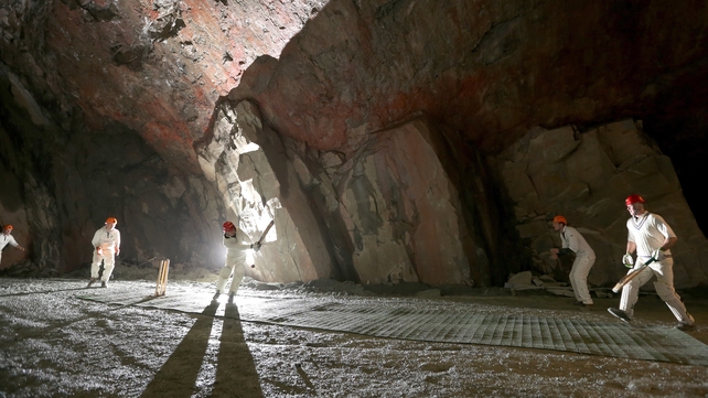 English village teams Threlkeld and Caldbeck take part in the world's first underground cricket match inside Honister Slate Mine