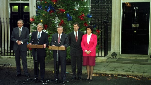 Patrick Mayhew, John Major, Mr Reynolds, Dick Spring and Máire Geoghegan Quinn after the signing of the Downing Street Declaration in 1993 (Pic: Photocall)