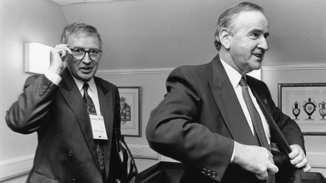 Mr Reynolds with Government press officer Sean Duignan on their way into talks during the Edinburgh EU Summit in 1992 (Pic: Photocall)