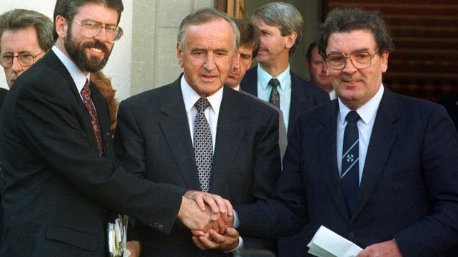 Sinn Féin president Gerry Adams with then taoiseach and Fianna Fáil leader Reynolds and SDLP leader John Hume on the steps of Government Buildings in Dublin after their historic meeting on the peace process (Pic: Eamonn Farrell/Photocall)