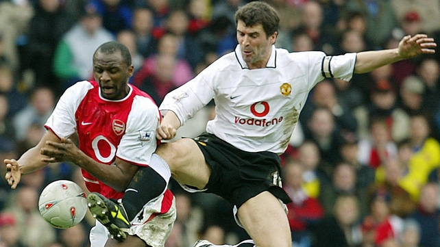 03 Apr 2004: Manchester United captain Roy Keane (R) vies for the ball with Arsenal captain Patrick Vieira during their FA Cup semi-final.