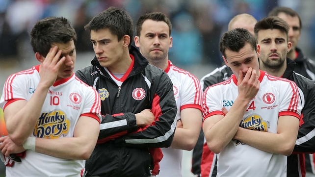 Tyrone players look dejected after their National Football League final defeat to Dublin in Croke Park