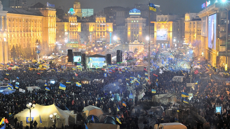 Independence Square in central Kiev from above as protesters gather for an opposition rally