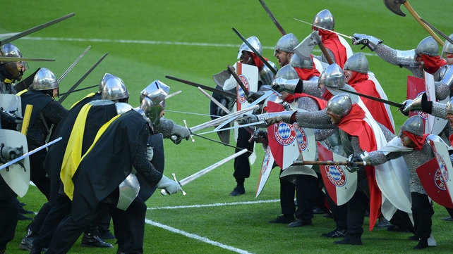 Performers dressed as medieval soldiers entertain the crowd before the Champions League final between Borussia Dortmund and Bayern Munich at Wembley