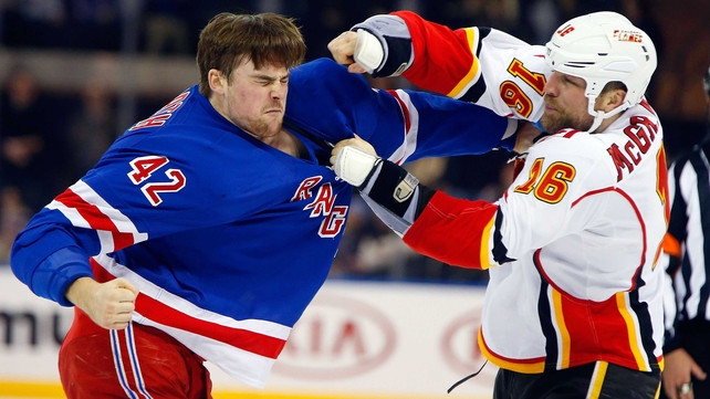 Fistycuffs between Brian McGrattan of the Calgary Flames and the New York Rangers' Dylan McIlrath at Madison Square Garden