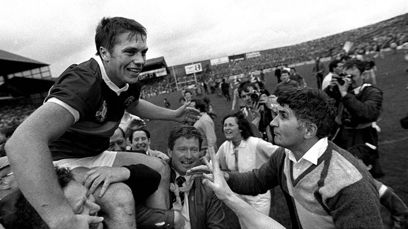 September 22, 1985: Páidí Ó Sé is held aloft alongside manager Mick O'Dwyer after victory over Dublin at the All Ireland Football Final at Croke Park. Photo: Ray McManus