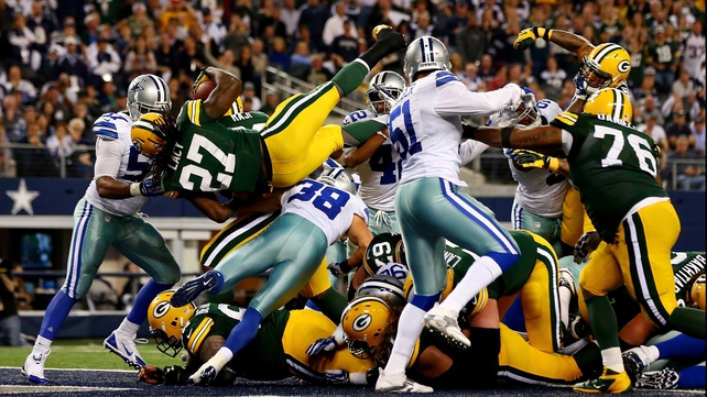 Eddie Lacy (#27) of the Green Bay Packers scores a touchdown against the Dallas Cowboys in Texas