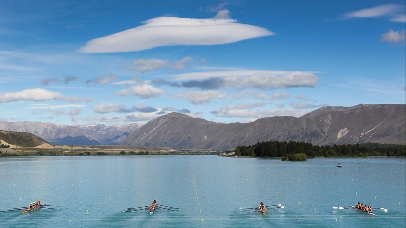 General view of the Girls Coxless Fours during the 2013 Meridian Otago Rowing Championships at Lake Ruataniwha New Zealand