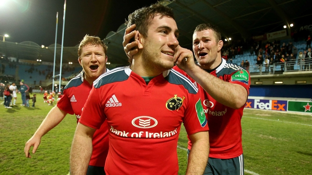 Stephen Archer, JJ Hanrahan and Donncha Ryan celebrate Munster's victory in Perpignan