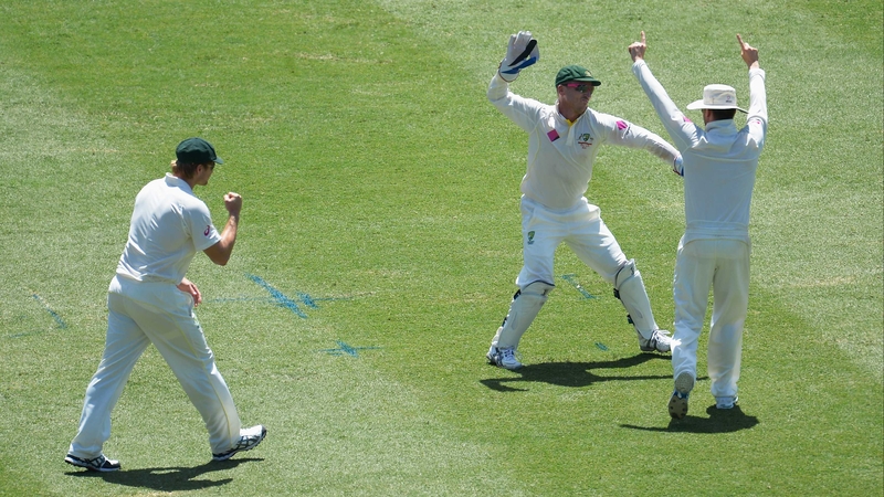 Australia's Michael Clarke, Shane Watson and Brad Haddin celebrate the wicket of Ben Stokes