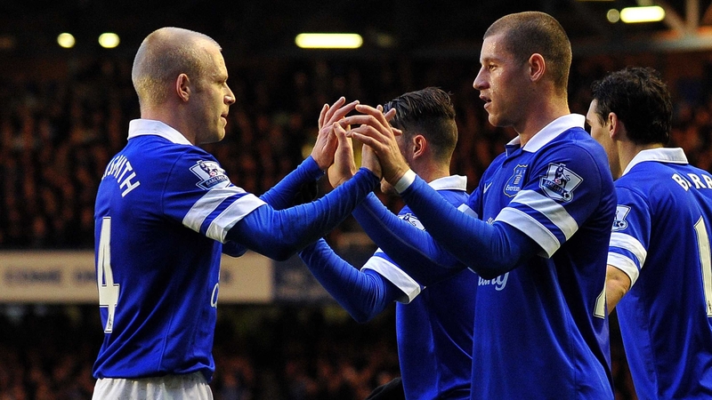 Ross Barkley celebrates scoring the opening goal with Steven Naismith