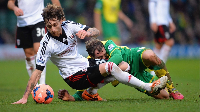Fulham's Fernando Amorebieta (L) battles with Johan Elmander of Norwich