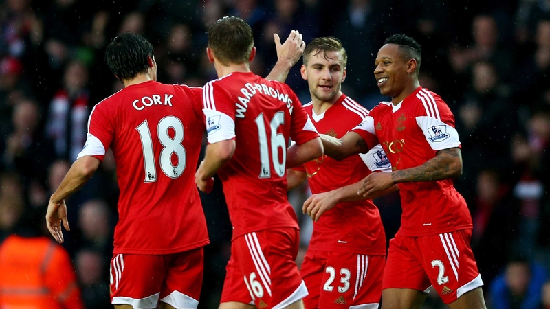 Nathaniel Clyne of Southampton (R) celebrates with team mates after he scored the first
