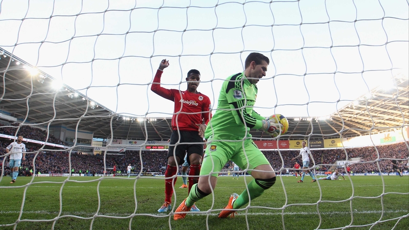 Adrian saves on the line as Cardiff's Fraizer Campbell claims a goal