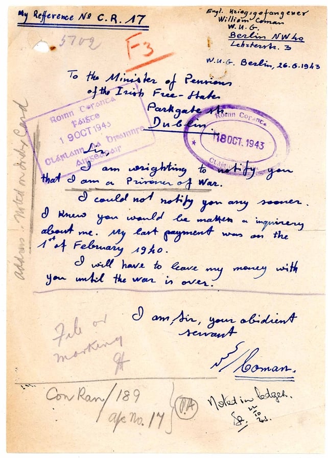 Letter written by William Coman in 1943 informing pension authorities in Ireland that he was now being held as a prisoner of war in Germany