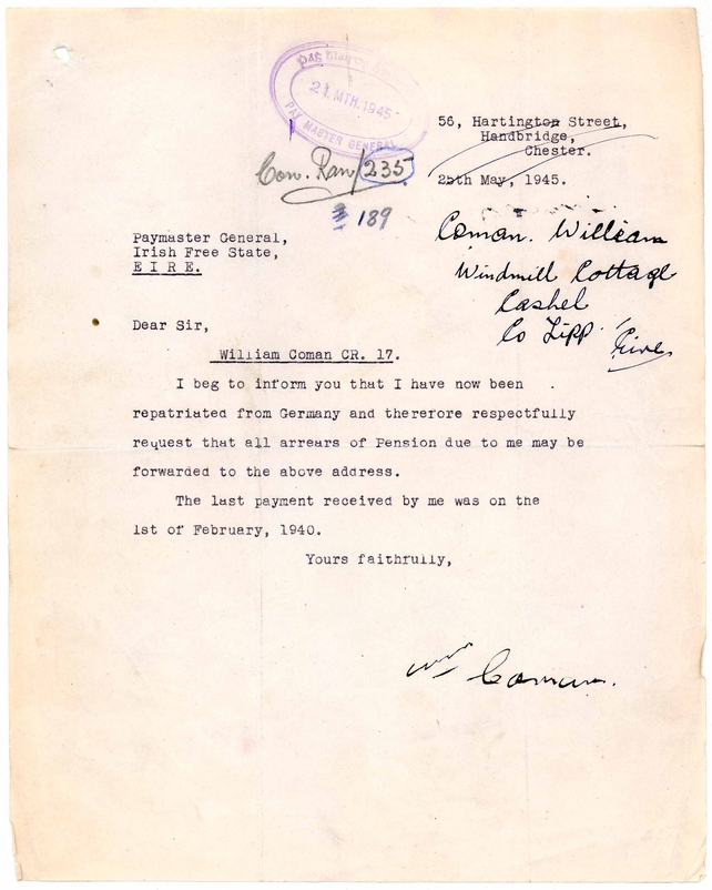 Letter from William Coman informing the pension authorities of his repatriation from Germany, following the end of the Second World War